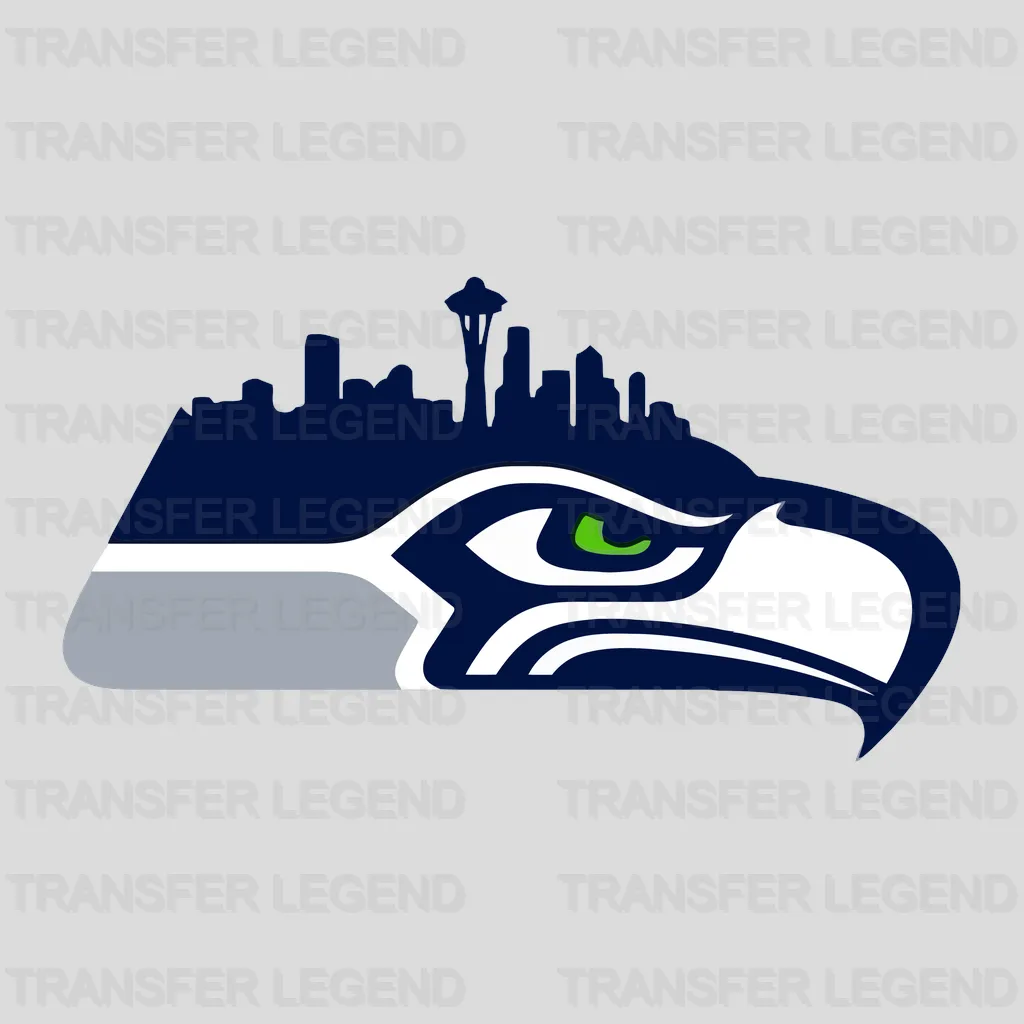 Seattle Seahawks Head Logo with Skyline Silhouette NFL Design - DTF Heat Transfer