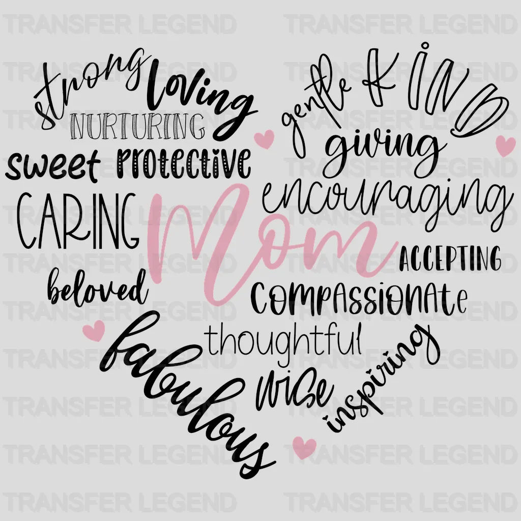 Mom's Heart Mother Word Cloud Tee: caring, inspiring, selfless, brave, patient Design - DTF heat transfer - transferlegend