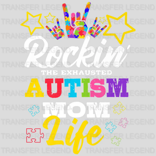 Rockin The Exhausted ATSM Mom Life Autistic Puzzle Piece - ATSM Awareness And Support - Women Messy Bun  - Design - DTF heat transfer - transferlegend