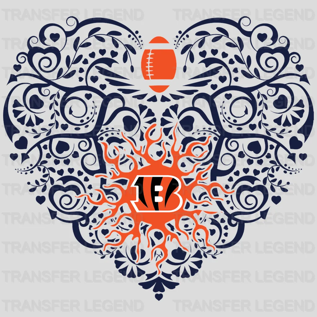 Cincinnati Bengals Ornamental Floral Heart NFL Design - DTF Heat Transfer