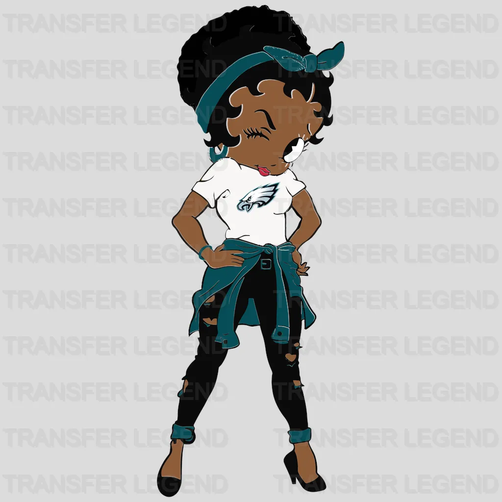 Philadelphia Eagles female fan standing beside circular crest, NFL design - DTF Heat Transfer