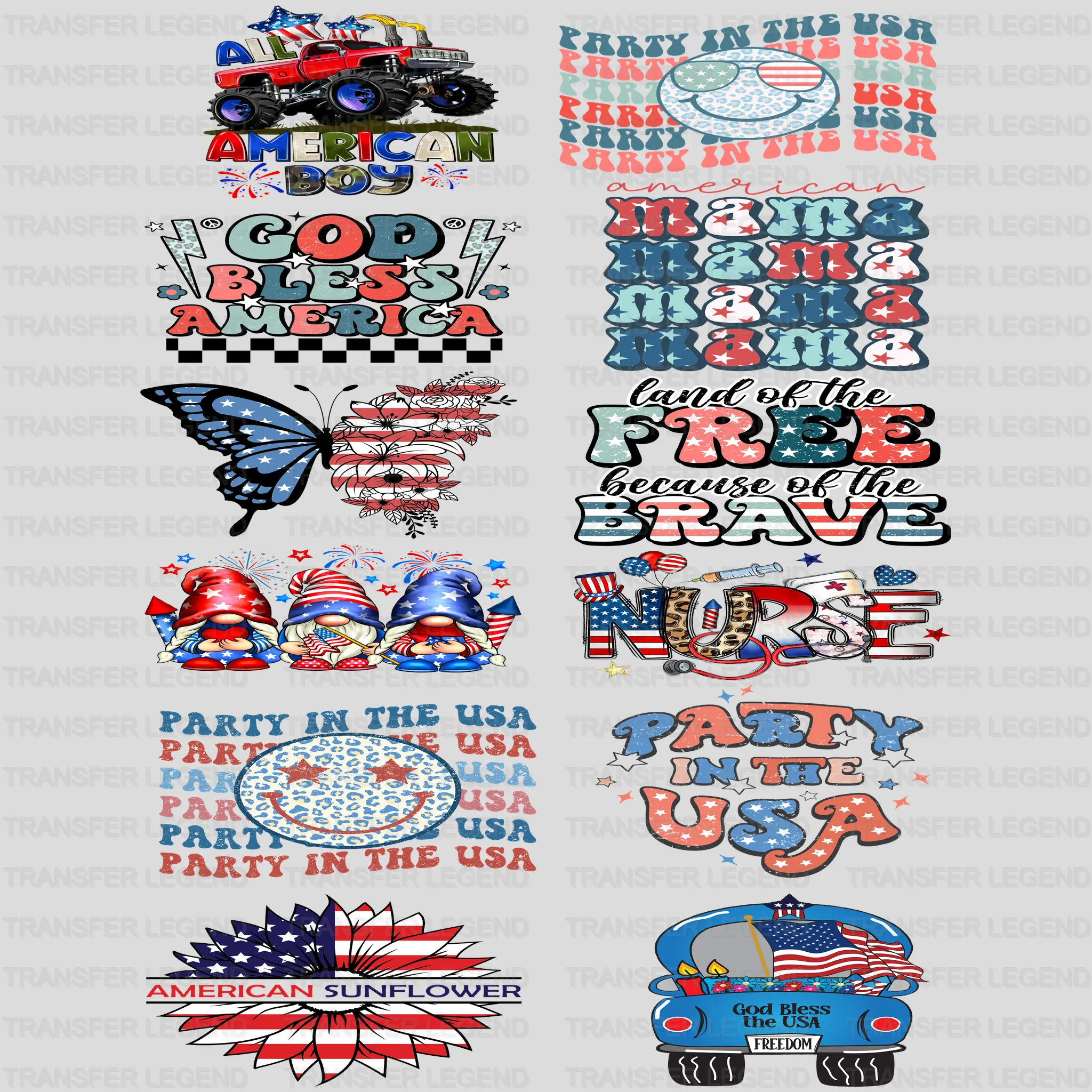 4th Of July - Premade Gang sheet - 12 PCS 10 INCH - transferlegend