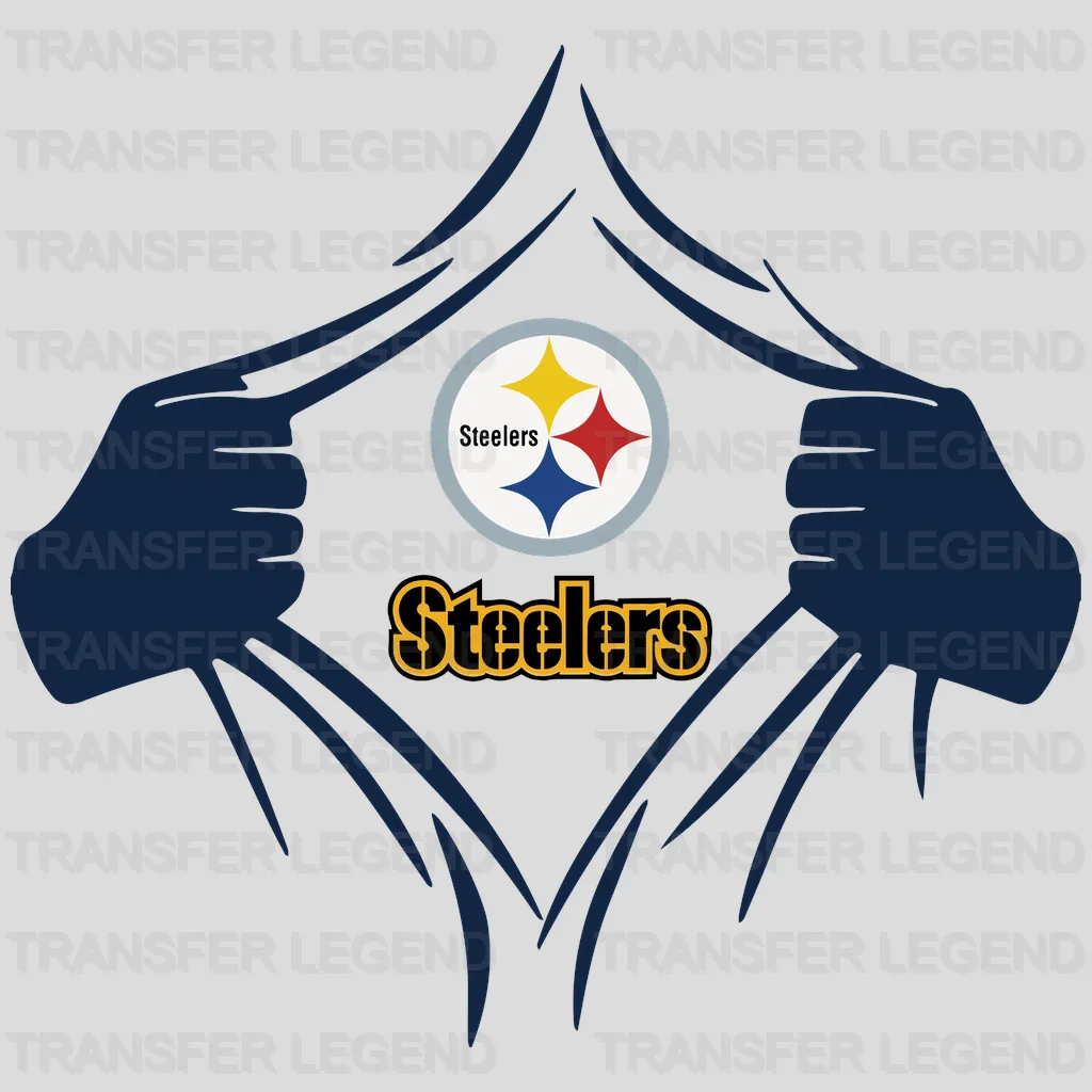 Pittsburgh Steelers shirt‑rip reveal of wordmark typography, NFL design - DTF Heat Transfer