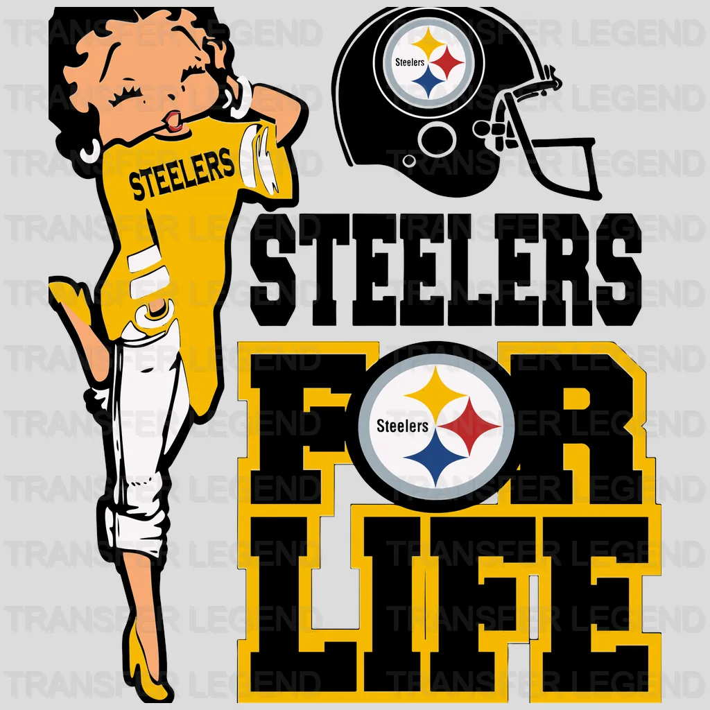 Pittsburgh Steelers standing cheerleader fan with pom‑poms, NFL design - DTF Heat Transfer