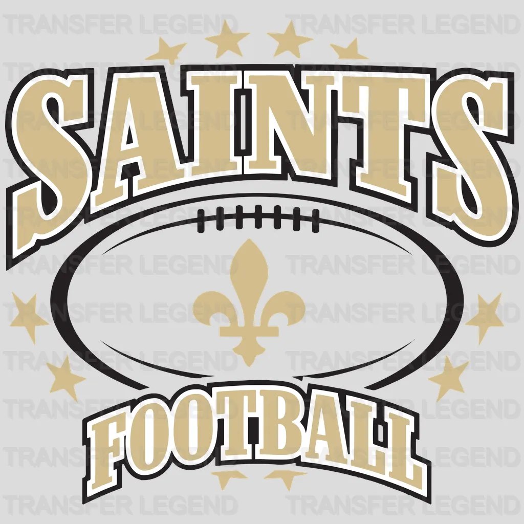 New Orleans Saints arched “SAINTS FOOTBALL” text with fleur‑de‑lis stars, NFL design - DTF Heat Transfer