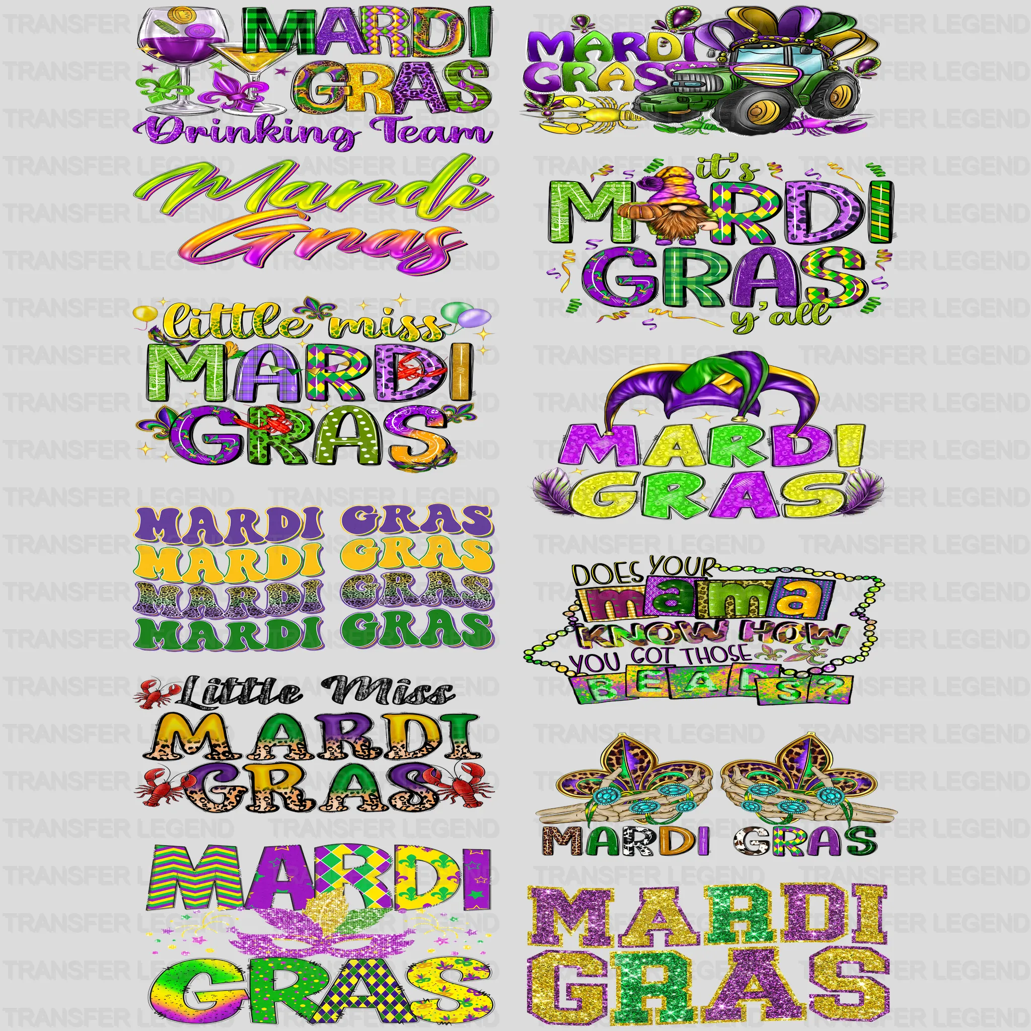 Mardi Gras Premade Gang sheet - 12 PCS 10 INCH - transferlegend