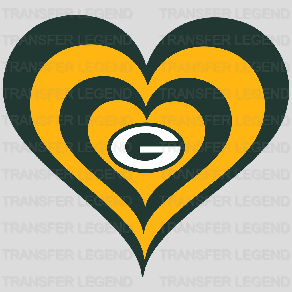 Green Bay Packers layered heart shape with team G center, NFL design - DTF Heat Transfer