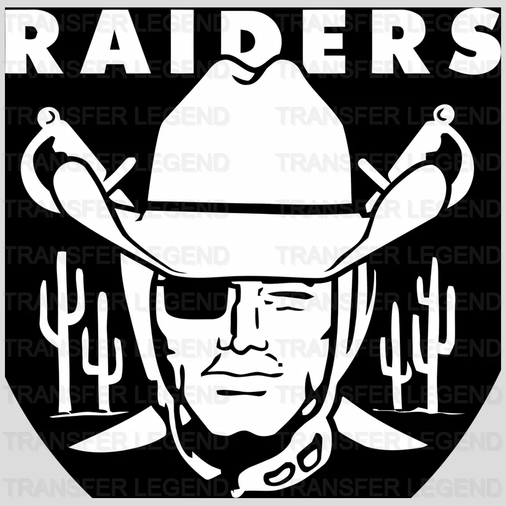 Las Vegas Raiders cowboy mascot head with hat and crossed swords, NFL design - DTF Heat Transfer