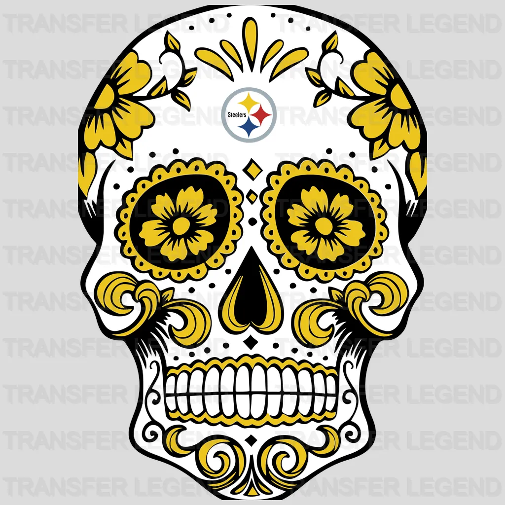 Pittsburgh Steelers ornate sugar skull with team accents, NFL design - DTF Heat Transfer