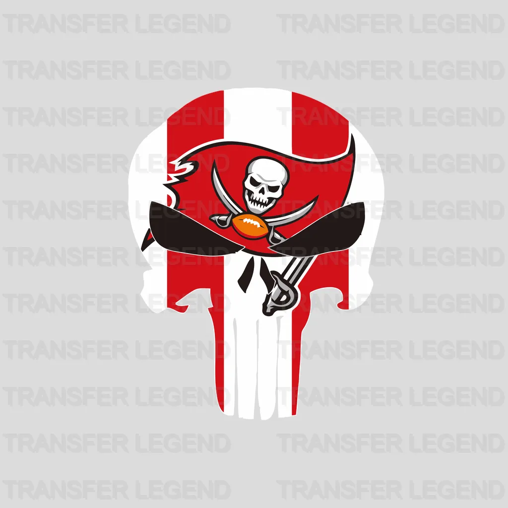 Tampa Bay Buccaneers Striped Skull Emblem with Flag NFL Design - DTF Heat Transfer